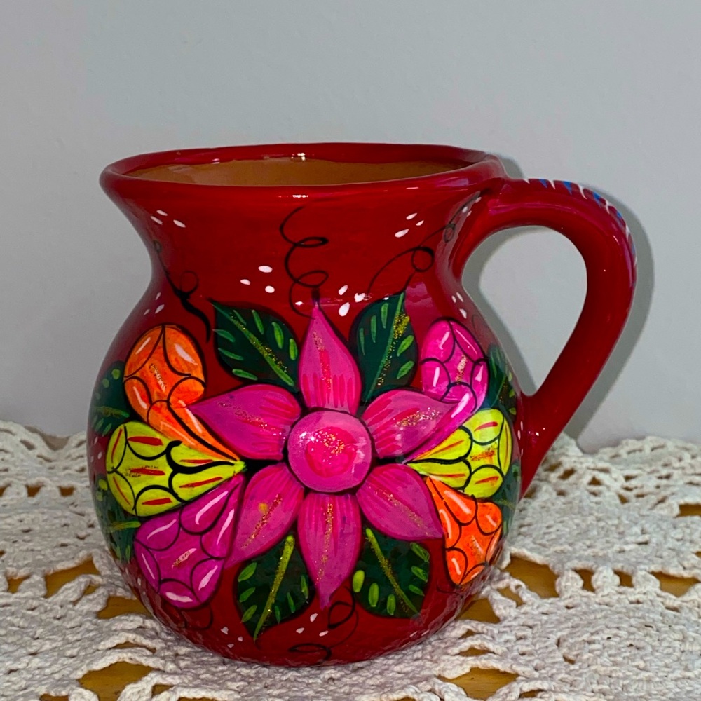 Beautiful Floral Pattern Mexican Jarrito, Clay Mug